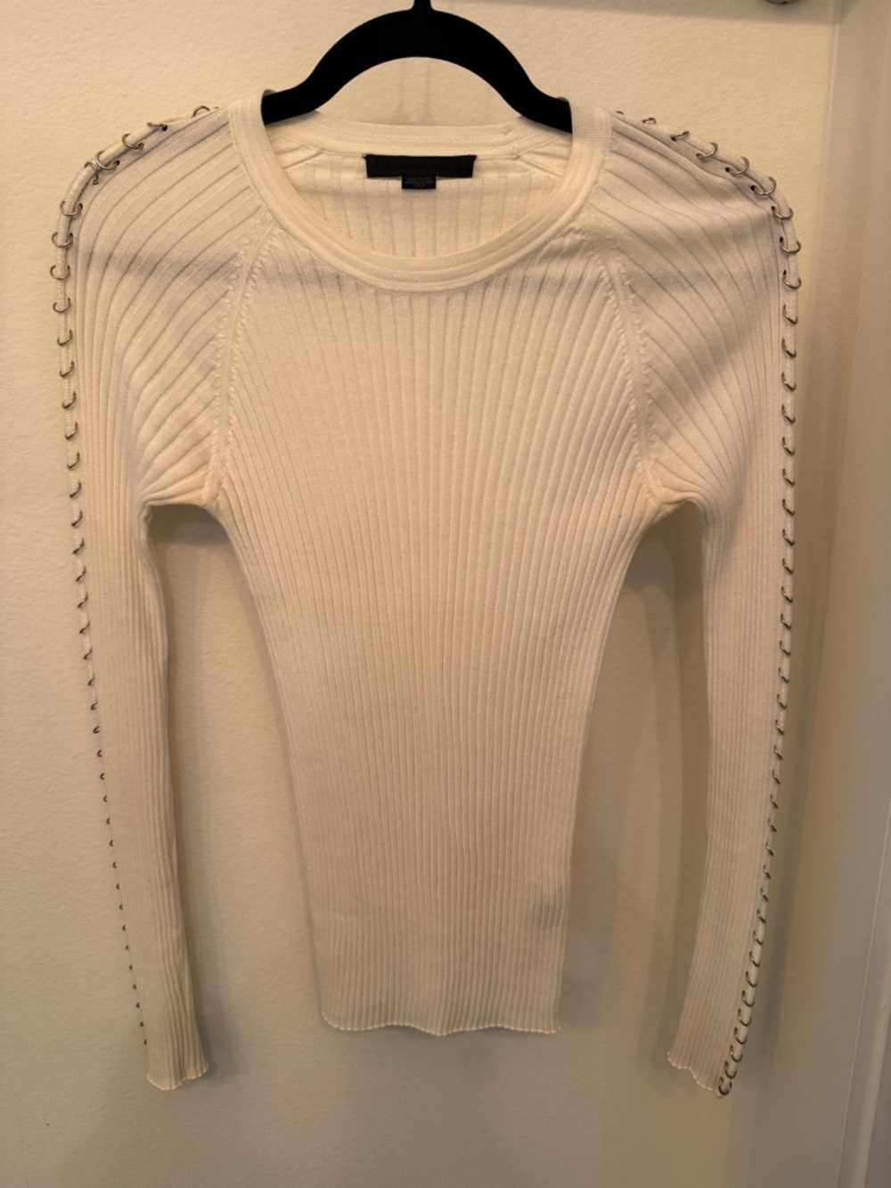 Alexander Wang Cream Ribbed Crewneck Sweater with Metal Ring Trim Sleeve Detail